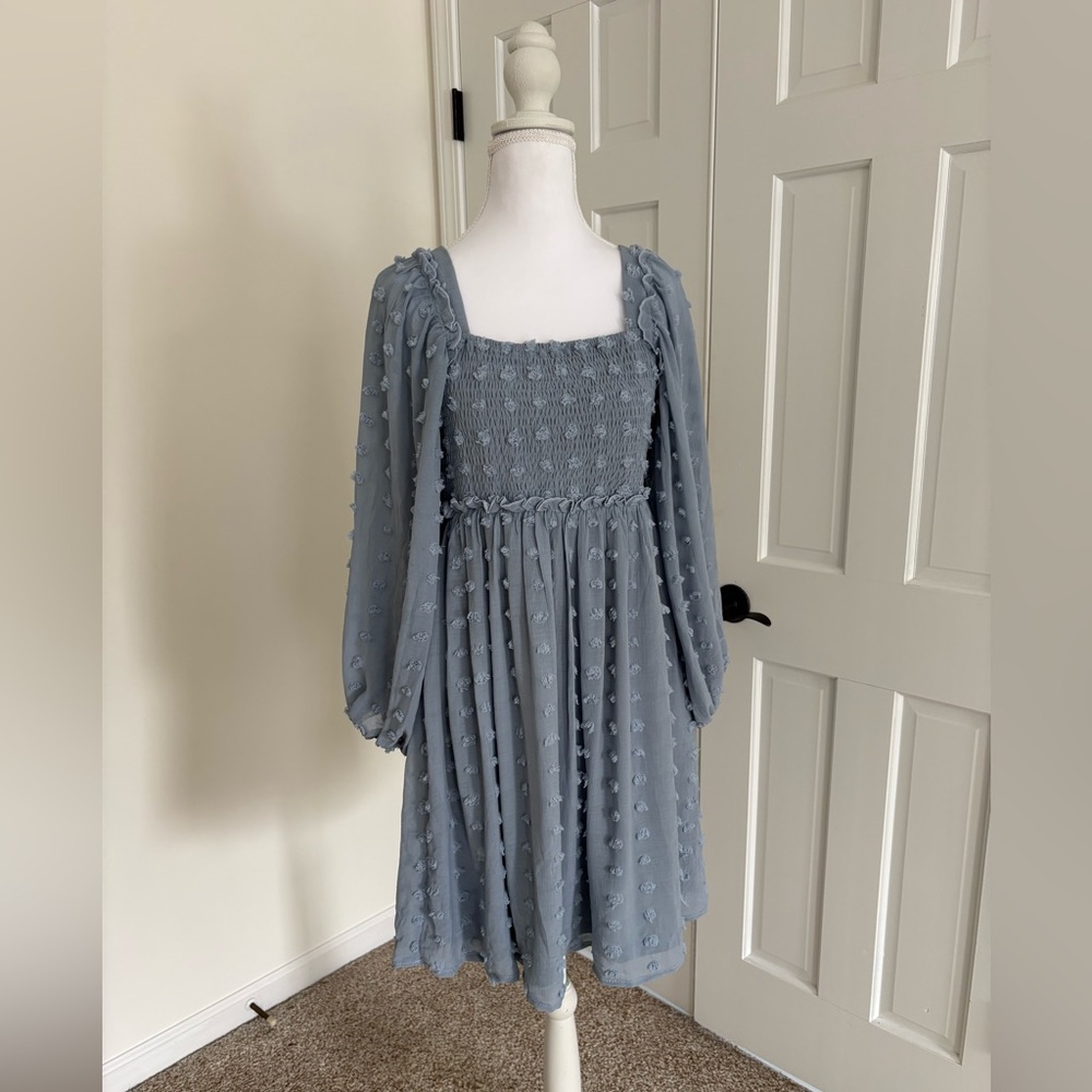 Light Blue Textured Dot Smocked Square Neck Chiffon Maternity Dress